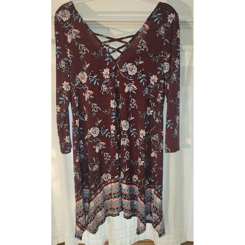 Three Pink Hearts Tunic Top Wine Floral Strappy Back Handkerchief Hem Large